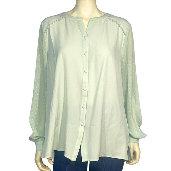 Isaac Mizrahi Live QVC Sz 16 Split V-Neck Blouse Sheer Puff Sleeves Mint Green - Picture 1 of 13